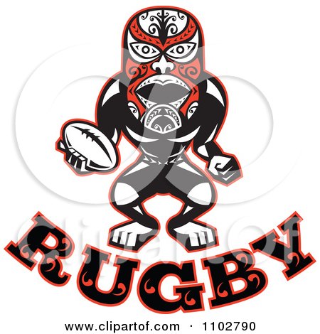 Clipart Red Black And White Maori Warrior Rugby Player Over Text - Royalty Free Vector Illustration by patrimonio