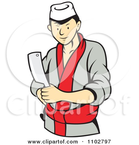 Clipart Japanese Butcher Standing With A Cleaver Knife - Royalty Free Vector Illustration by patrimonio