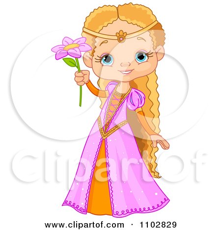 Clipart Happy Fairy Tale Princess With Long Hair Holding A Pink Flower - Royalty Free Vector Illustration by Pushkin