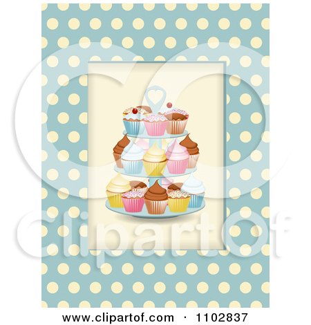 Clipart Cupcakes On A Stand Over Blue And Beige Polka Dots - Royalty Free Vector Illustration by elaineitalia