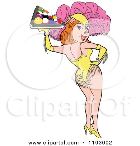 Clipart Piggy Showgirl Woman Carrying Pool Balls - Royalty Free Vector Illustration by LaffToon