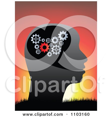 Clipart Profiled Head With Gears Against A Sunset - Royalty Free Vector Illustration by Andrei Marincas