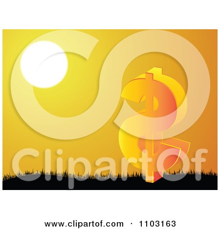 Clipart 3d Orange Dollar Symbol On Grass Under A Sunset - Royalty Free Vector Illustration by Andrei Marincas