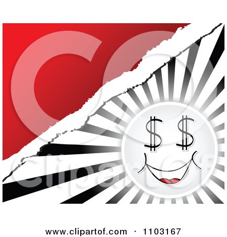 Clipart Happy Dollar Face Over Rays With Torn Paper And Red Copyspace - Royalty Free Vector Illustration by Andrei Marincas