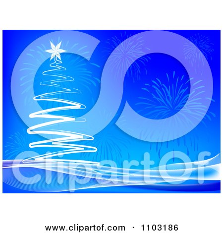 Clipart White Scribble Christmas Tree With Fireworks On Blue Background - Royalty Free Vector Illustration by Andrei Marincas