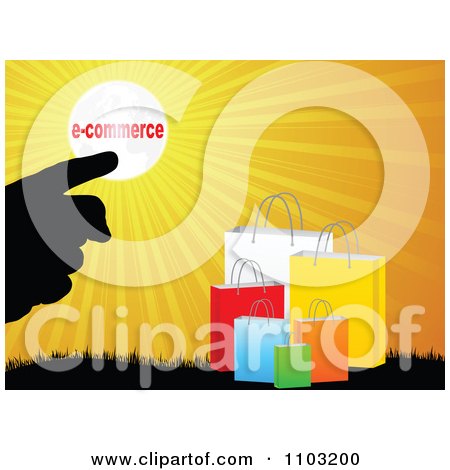 Clipart Silhouetted Hand Pointing To An E Commerce Sun Over Shopping Bags - Royalty Free Vector Illustration by Andrei Marincas