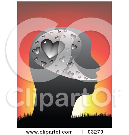 Clipart Profiled Head With Silver Hearts Against A Sunset - Royalty Free Vector Illustration by Andrei Marincas