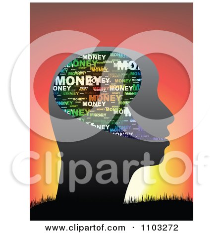 Clipart Profiled Head With A Money Word Collage Against A Sunset - Royalty Free Vector Illustration by Andrei Marincas