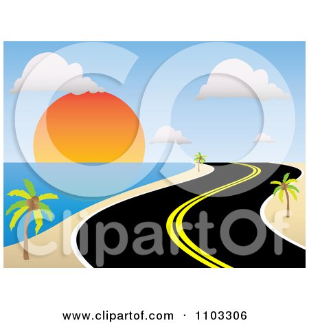 Clipart Curvy Coastal Road Along A Tropical Beach At Sunset - Royalty Free Vector Illustration by Andrei Marincas