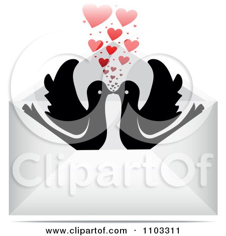 Clipart Silhouetted Kissing Birds With Hearts In An Envelope - Royalty Free Vector Illustration by Andrei Marincas