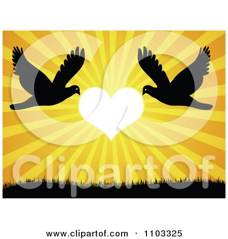 Clipart Silhouetted Doves Flying Against A Heart Sunset - Royalty Free Vector Illustration by Andrei Marincas