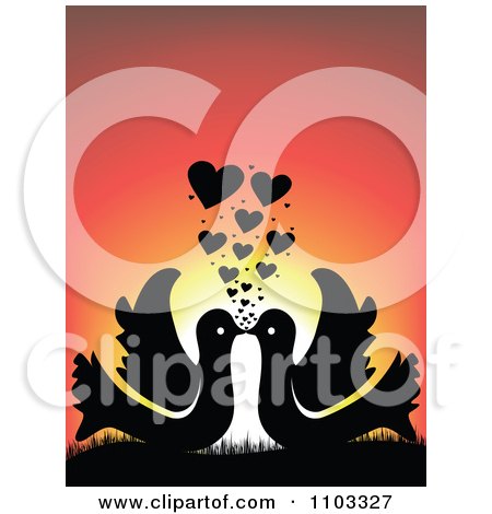Clipart Silhouetted Kissing Birds With Hearts Against A Sunset - Royalty Free Vector Illustration by Andrei Marincas