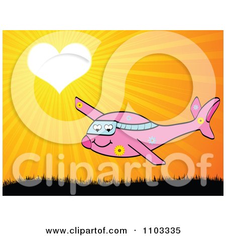 Clipart Pink Airplane Against A Sunset With A Heart Sun - Royalty Free Vector Illustration by Andrei Marincas