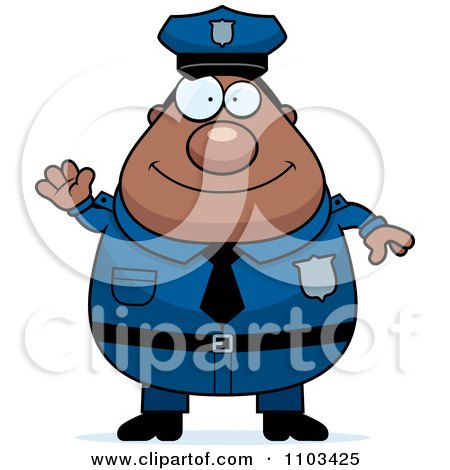 Clipart Friendly Waving Chubby Black Police Man - Royalty Free Vector Illustration by Cory Thoman