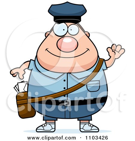 Clipart Friendly Waving Chubby Caucasian Mail Man Postal Worker - Royalty Free Vector Illustration by Cory Thoman