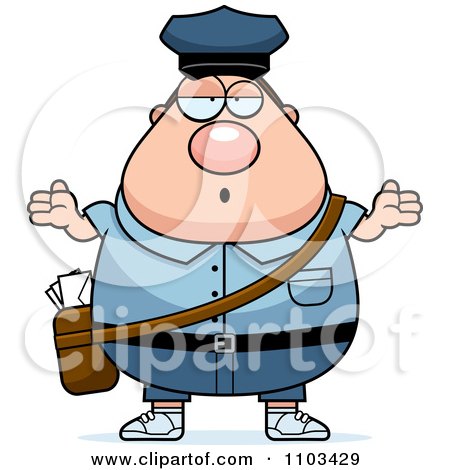 Clipart Careless Shrugging Chubby Caucasian Mail Man Postal Worker - Royalty Free Vector Illustration by Cory Thoman