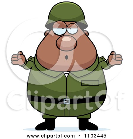 Clipart Careless Shrugging Chubby Black Army Man - Royalty Free Vector Illustration by Cory Thoman