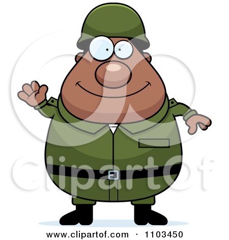Clipart Friendly Waving Chubby Black Army Man - Royalty Free Vector Illustration by Cory Thoman