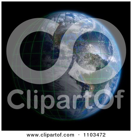 Clipart 3d Globe Featuring The Americas A Grid And Clouds On Black - Royalty Free CGI Illustration by Leo Blanchette