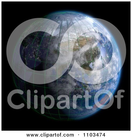 Clipart 3d Globe Featuring Asia A Grid And Clouds On Black - Royalty Free CGI Illustration by Leo Blanchette