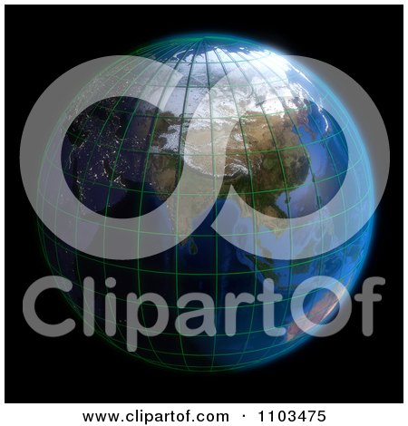 Clipart 3d Globe Featuring Asia With A Grid On Black - Royalty Free CGI Illustration by Leo Blanchette