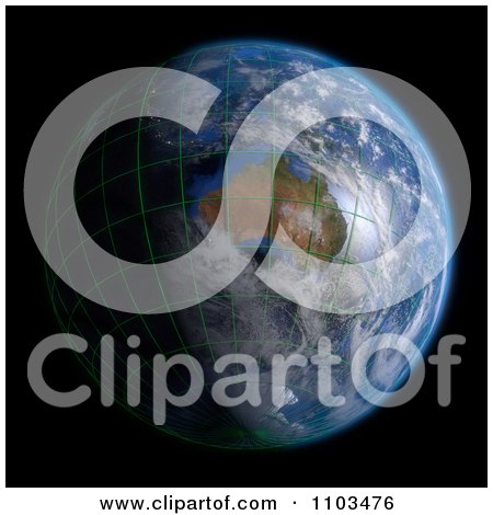 Clipart 3d Globe Featuring Australia With Clouds And A Grid On Black - Royalty Free CGI Illustration by Leo Blanchette