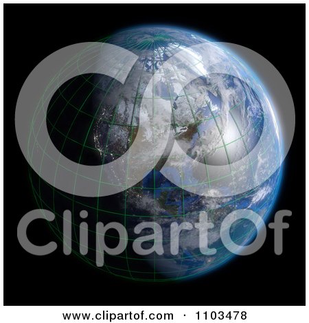 Clipart 3d Globe Featuring North America With A Grid And Clouds On Black - Royalty Free CGI Illustration by Leo Blanchette