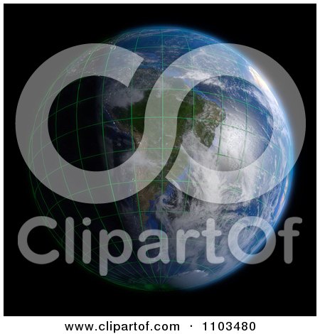 Clipart 3d Globe Featuring South America With A Grid And Clouds On Black - Royalty Free CGI Illustration by Leo Blanchette