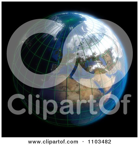 Clipart 3d Globe Featuring Europe With A Grid And Clouds On Black - Royalty Free CGI Illustration by Leo Blanchette