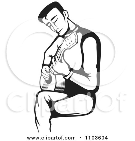 Clipart Seated Male Guitarist And Strumming In Black And White - Royalty Free Vector Illustration by Any Vector