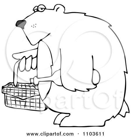 Clipart Outlined Bear Carrying A Picnic Basket And Wine - Royalty Free Vector Illustration by djart