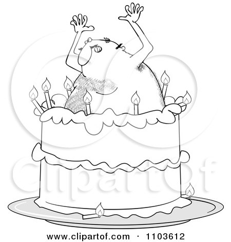 Clipart Outlined Hairy Man Popping Out Of A Birthday Cake - Royalty Free Vector Illustration by djart