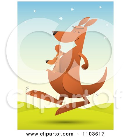 Clipart Baby Kangaroo Riding In Its Mothers Pouch As She Hops In A Hilly Landscape - Royalty Free Vector Illustration by Qiun