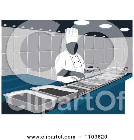 Clipart Catering Chef Behind A Counter With Different Dishes - Royalty Free Vector Illustration by David Rey