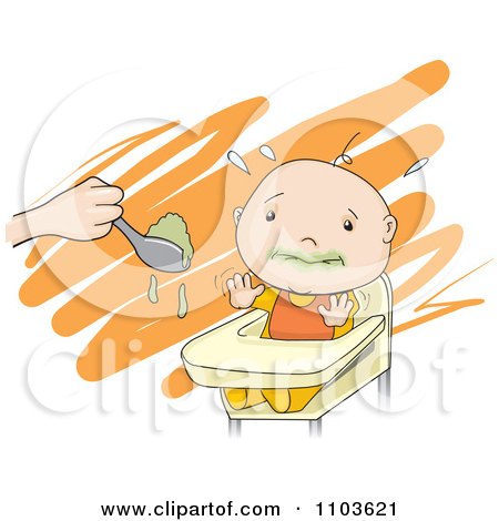 Clipart Baby Trying To Avoid Eating Greens In A High Chair - Royalty Free Vector Illustration by David Rey