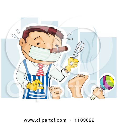 Clipart Father Ready To Change Diapers With A Nose Plug Mask Apron And Tongs - Royalty Free Vector Illustration by David Rey