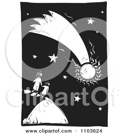 Clipart Mother And Child Watching A Comet In The Night Sky Black And White Woodcut - Royalty Free Vector Illustration by xunantunich