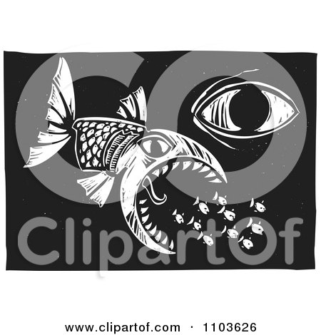 Clipart Eye Over A Big Fish Eating Little Fish Black And White Woodcut - Royalty Free Vector Illustration by xunantunich