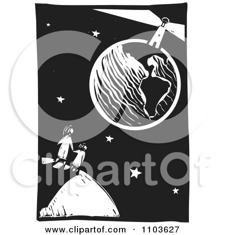 Clipart Mother And Child Watching A Lighthouse On Earth Black And White Woodcut - Royalty Free Vector Illustration by xunantunich
