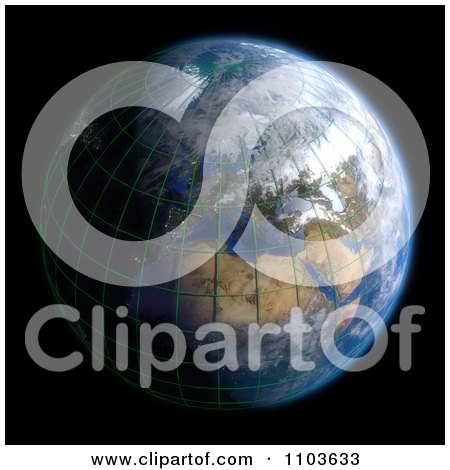 Clipart 3d Globe Featuring Europe With A Grid On Black - Royalty Free CGI Illustration by Leo Blanchette