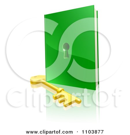 Clipart 3d Gold Skeleton Key And Green Book With A Hole - Royalty Free Vector Illustration by AtStockIllustration