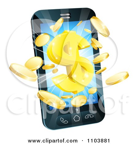 Clipart 3d Gold Coins And Dollar Symbol Bursting From A Smart Phone - Royalty Free Vector Illustration by AtStockIllustration