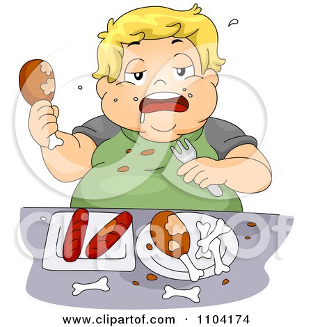 Clipart Overweight Blond Boy Eating Chicken And Hot Dogs - Royalty Free Vector Illustration by BNP Design Studio