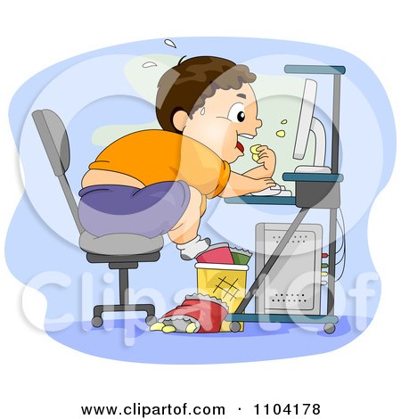 Clipart Overweight Brunette Boy Eating Junk Food At His Computer - Royalty Free Vector Illustration by BNP Design Studio