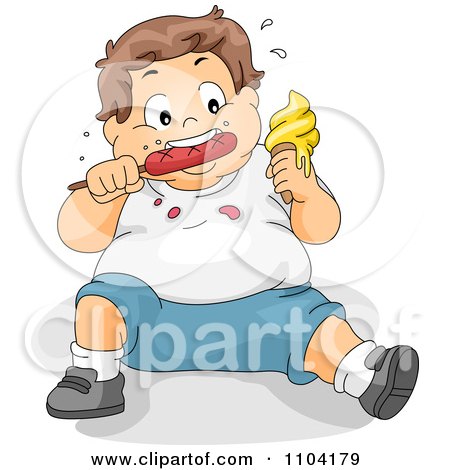 Clipart Overweight Brunette Boy Eating Ice Cream And A Hot Dog - Royalty Free Vector Illustration by BNP Design Studio