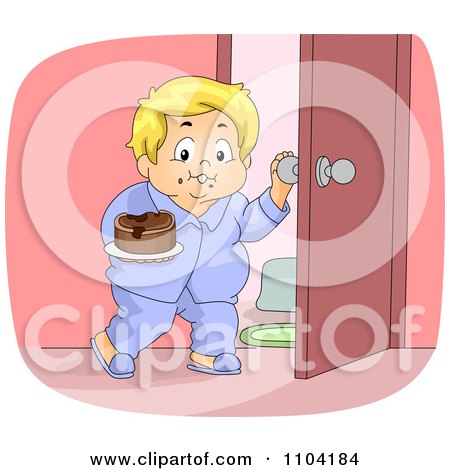 Clipart Overweight Blond Boy Sneaking A Cake Into His Bedroom - Royalty Free Vector Illustration by BNP Design Studio