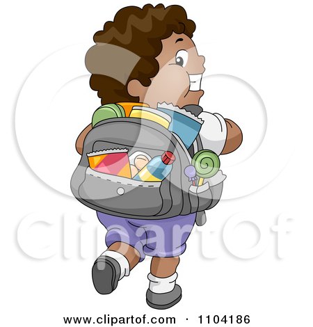 Clipart Overweight Black Boy With A Backpack Full Of Junk Food - Royalty Free Vector Illustration by BNP Design Studio