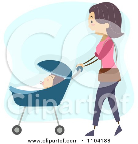 Clipart Woman Strolling With Her Baby Over Blue - Royalty Free Vector Illustration by BNP Design Studio