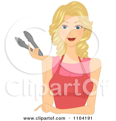 Clipart Beautiful Blond Woman In A Red Apron Pointing And Holding Tongs - Royalty Free Vector Illustration by BNP Design Studio