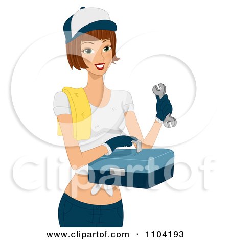 Clipart Female Mechanic Holding A Tool Box - Royalty Free Vector Illustration by BNP Design Studio